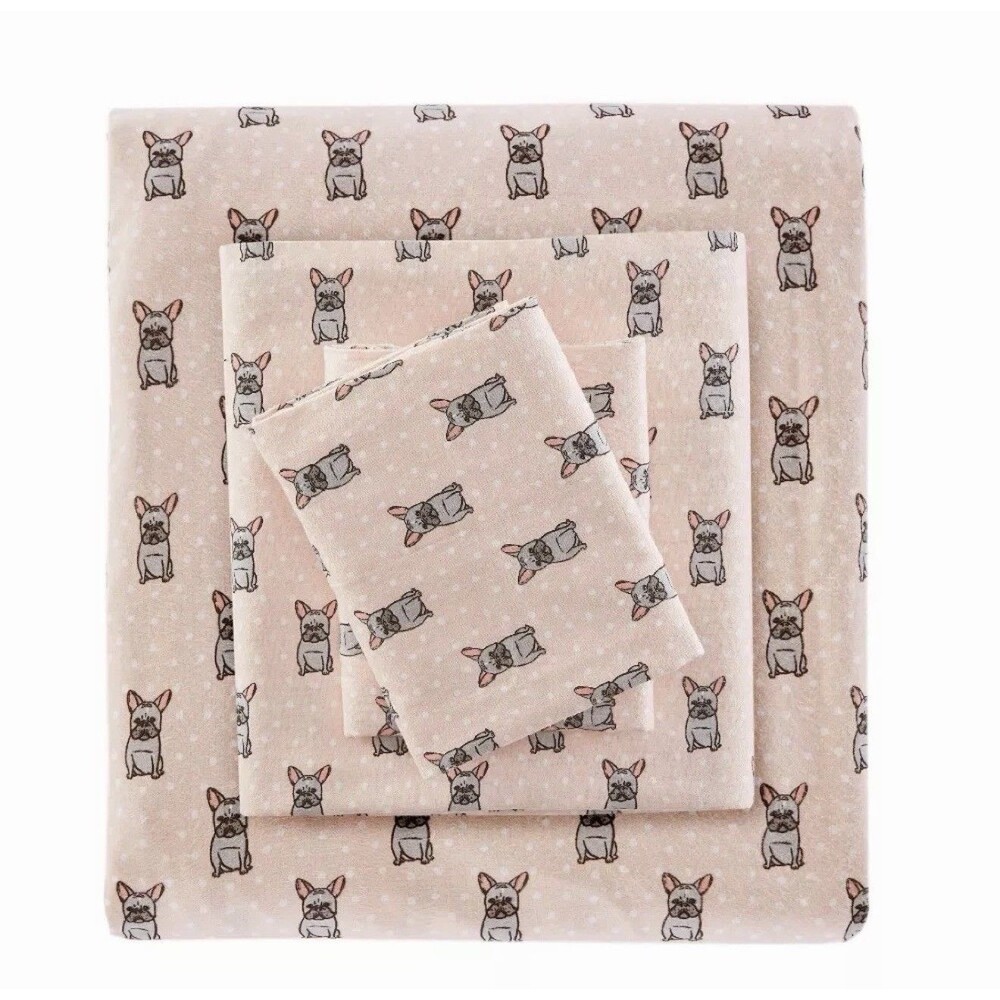 RARE Flannel Sheet Set (Full) 4pc Pink French Bulldog 100 Thread Count NEW
